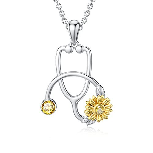 Sterling Silver Sunflower Stethoscope Medical Doctor Nurse Student Graduation Pendant Necklace