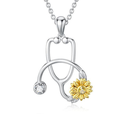 Sterling Silver Sunflower Stethoscope Medical Doctor Nurse Student Graduation Pendant Necklace
