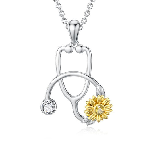 Sterling Silver Sunflower Stethoscope Medical Doctor Nurse Student Graduation Pendant Necklace