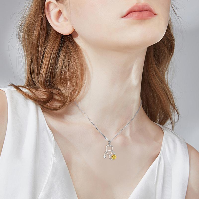 Sterling Silver Sunflower Stethoscope Medical Doctor Nurse Student Graduation Pendant Necklace