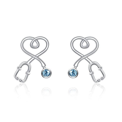 Sterling Silver Nurse Stethoscope with Blue Crystal Stud Earrings Jewelry Studs