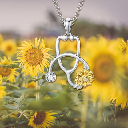 Sterling Silver Sunflower Stethoscope Medical Doctor Nurse Student Graduation Pendant Necklace