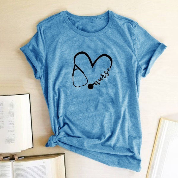 Heart Casual Crew Neck Top Short Sleeve T-shirt
