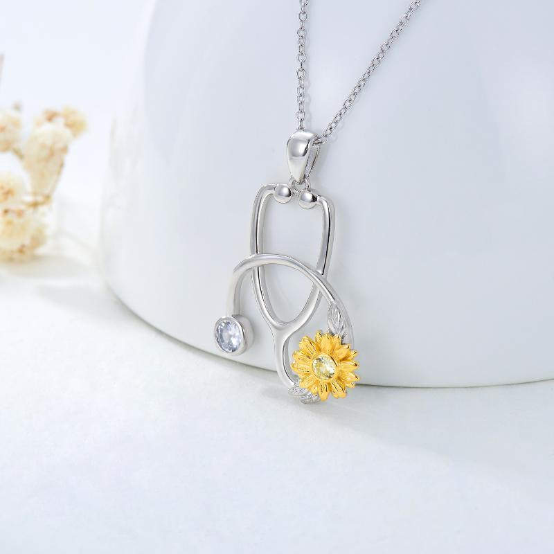 Sterling Silver Sunflower Stethoscope Medical Doctor Nurse Student Graduation Pendant Necklace
