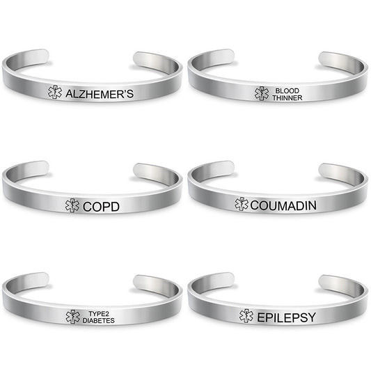 Fashion Silver Plated Medical Alert Cuff Bracelet EPILEPSY Diabetic Allergy Stainless Steel Bangle For Women Men